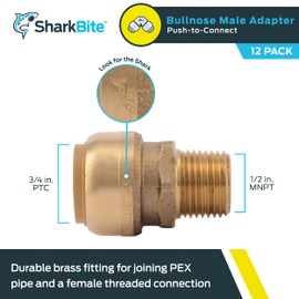 SharkBite 3/4 Inch x 1/2 Inch MNPT Bullnose Adapter, Pack of 12, Push to Connect Brass Plumbing Fitting, PEX Pipe, Copper, CPVC, PE-RT, HDPE, U138LF