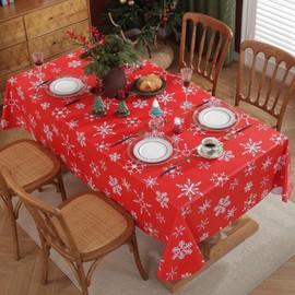 Christmas Table Cloth for Rectangle Tables, White Snowflake Print Wipe Clean Vinyl Tablecloth, Red Waterproof PVC Plastic Table Cover for Indoor, Outdoor, Holiday Party Use 60 x 120 Inches