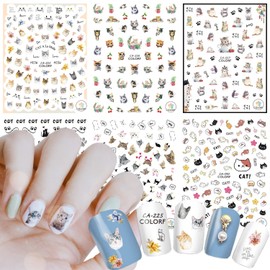 Cute Cat Nail Art Stickers, 3D Self-Adhesive Nail Sticker Cartoon Animal Cats Nail Art Decals Holographic Colorful Cat Nail Decal Decoration for Women Girls Manicure Tips DIY Nail Art Sticker Supplies