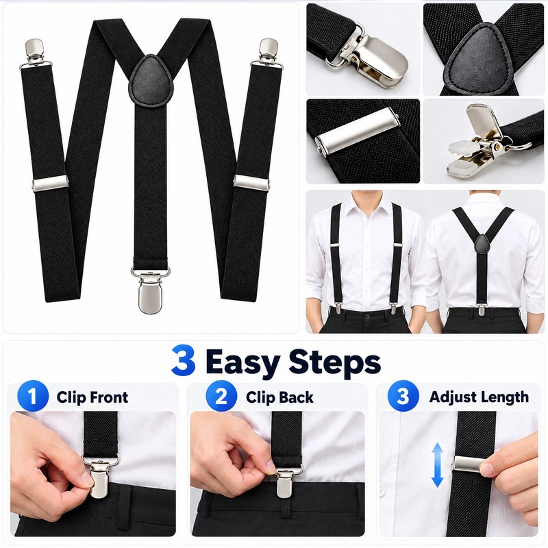 Black Y-Back Suspenders for Men and Women – Adjustable Polyester