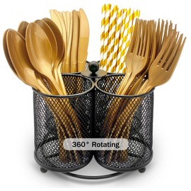 DysanVica Silverware Holder Utensil Caddy - 360° Rotating Silverware Caddy 4 Compartment Metal Cutlery Organizer Fork Spoon Plastic Flatware Storage Basket Party Countertop Picnic Outdoor Modern Black