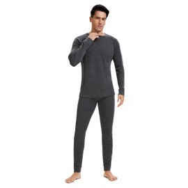 woolcano Men's Merino Thermal Set, 100% Wool Base Layer Lightweight for Skiing and Outdoor Activities Heather Grey L, 190g/m²