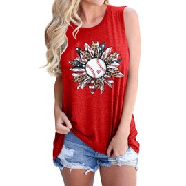 Sunflower Women's Baseball Mom Graphic Tees - Casual Sleeveless Tops (Red, XX-Large)
