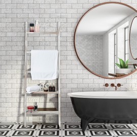 Rustic 5-Tier Wall-Leaning Wood Loadder Towel Racks for Bathroom Livingroom Kithen Office Woden Farmhouse Ladder-Style Blanket Rack Multipurpose Organizer Rack for Home (White)