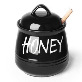 HAOTOP Porcelain Honey Jar with Lid and Honey Dipper 12 oz (Black)