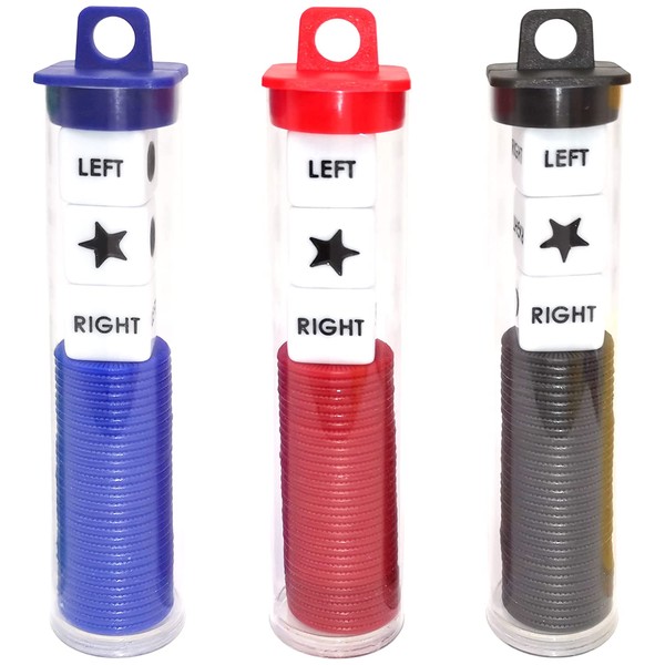 Left Right Center Dice Game Prime Set Bundle with 3 Dices + 36 Chips. Round Tube Storage is Very Convenient for Travel. Easy to Store, Carry Around. (3 Pack)
