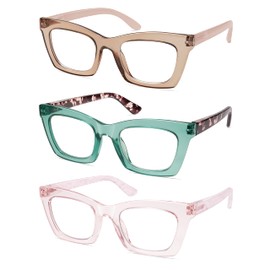 AMOMOMA 3 Pack Trendy Oversized Blue Light Stylish Readers for Women,Retro Square Cute Sturdy Computer Womens Reading Glasses AM6042 Brown+Green+Pink 2.0