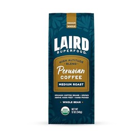 Laird Superfood Peruvian Medium Roast Caffeinated Whole Bean Coffee, Ethically Sourced Premium Whole Bean Coffee, Gluten-Free, Dairy-Free, Non-GMO, Paleo, Keto Friendly, 12 oz. Bag