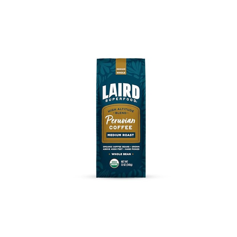 Laird Superfood Peruvian Medium Roast Caffeinated Whole Bean Coffee, Ethically