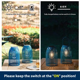 Glitzhome Solar Lanterns Blue Metal Woven Outdoor Hanging Solar Lights with Edison Bulbs for Garden Patio Yard Outdoor Decors