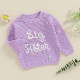 Baby Girl Cute Sweaters Sister Letter Flower Embroidery Long Sleeve Round Neck Knitwear Fall Winter Pullover Tops (A-Purple, 4 Years)