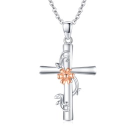 XIXLES Cross Necklace for Women 925 Sterling Silver Flower Cross Pendant Necklace Religious Faith Cross with Rose Gold Flower Necklaces Jewellery Gifts for Women