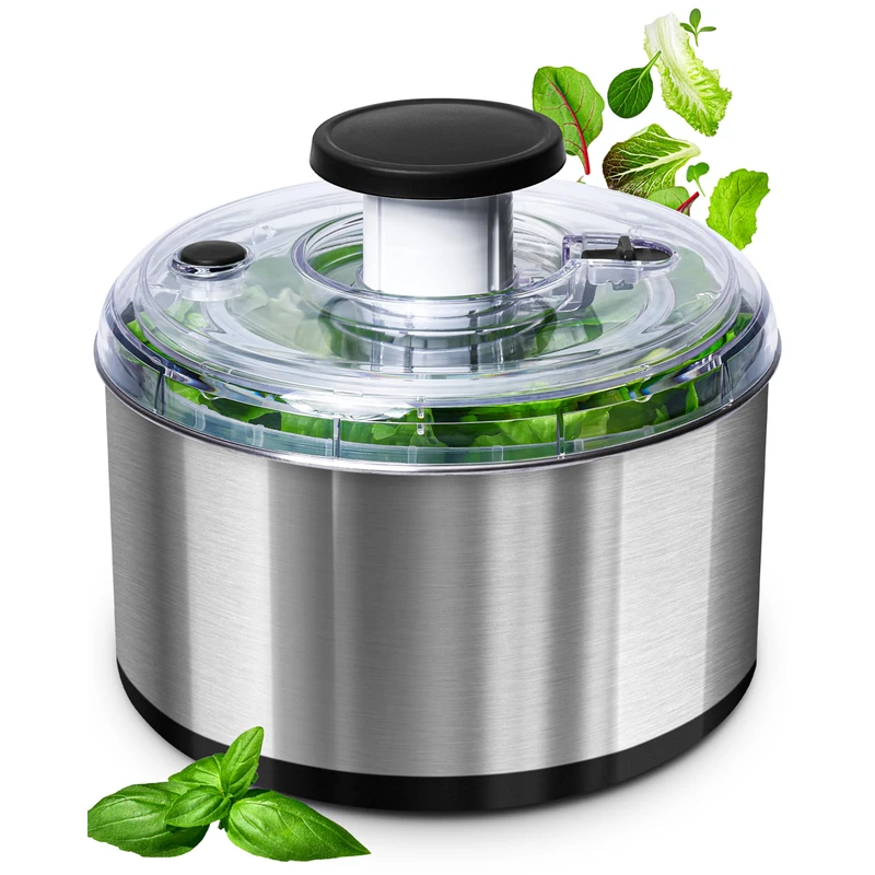 Stainless Steel Pump Salad Spinner Large - Easy Compact Kitchen Tool - Stainless Steel Bowl, Drain & Colander - Lettuce Spinner, Vegetable Dryer, Fruit Washer, Pasta & Fries Produce Strainer - 4.7 Qt
