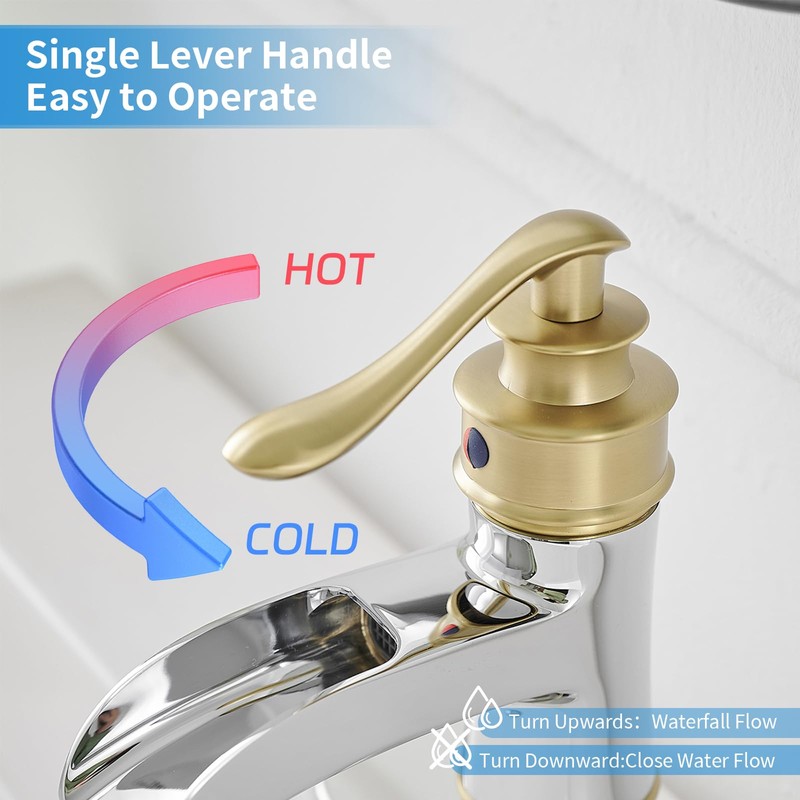 BWE Bathroom Faucet Waterfall Single Handle Chrome and Gold Vanity