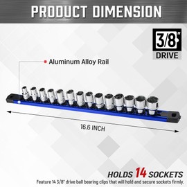 ALOANES 3/8-Inch Drive Magnetic Socket Organizer, Heavy Duty Aluminum Socket Rail Organizer, 360° Swivel Clips Socket Holder Kit for Tool Box, 3/8-Inch Socket Holder x 14 Clips (Blue)