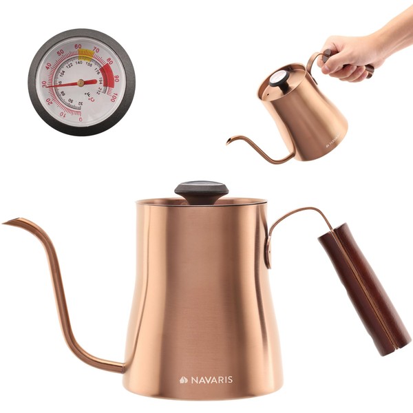 Navaris Kettle for Coffee Preparation - 1 Litre Gooseneck Kettle with Thermometer - with Long Spout and Wooden Handle - Copper Design