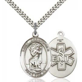 Bliss Sterling Silver Saint Christopher EMT Medal Pendant Necklace 24" Chain GiftBox