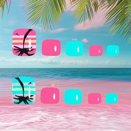 24Pcs Summer Beach Press on Toenails Short Square Fake Toe Nails with Coconut Tree Bird Designs Acrylic False Toenails Blue Pink Glossy Full Cover Glue on Toe Nails Artificial Toenails for Women