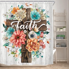 KOMLLEX Christian Floral Cross Shower Curtain for Bathroom Decor 60Wx72H Inches Flower Bible Verse Quotes Rustic Farmhouse Scripture Retro Wooden Peony Plant Fabric Waterproof Polyester 12 Pack Hooks