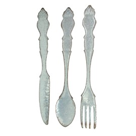 Zeckos Galvanized Grey Metal Fork, Spoon, and Knife Farmhouse Kitchen Decor Wall Hanging Set - 31 Inches High - Transform Your Dining Space with Vintage Appeal