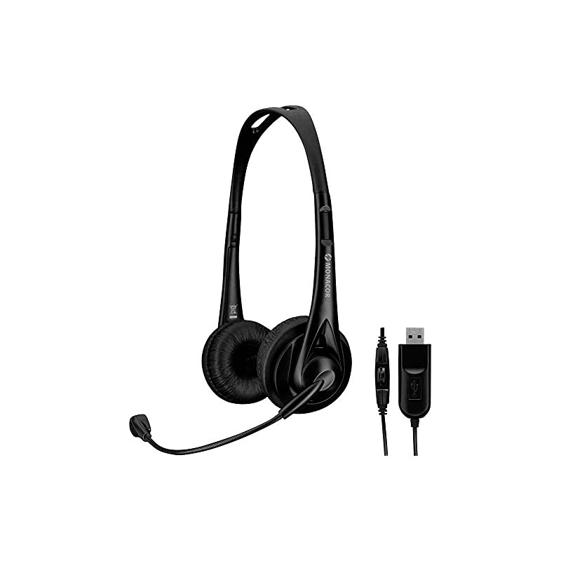 MONACOR BH-010USB Professional Stereo Headphones with Electret Microphone - Black