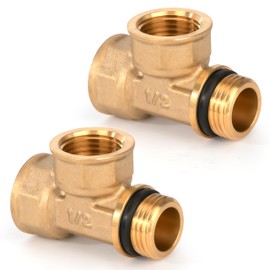 Brass T-piece, 2 pieces 1/2 inch female x female thread x male thread 90° thread fitting with rubber, metalwork brass pipe T-fitting for water, air, sanitary, drinking water