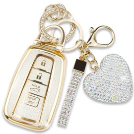 Simocky Key Fob Cover with Diamond Keychain for Toyota Car Key Shell Compatible with 2018-2024 Highlander RAV4 Camry Avalon C-HR Corolla GT86 Full Cover Protector for Women (4 Buttons-Gold Heart)