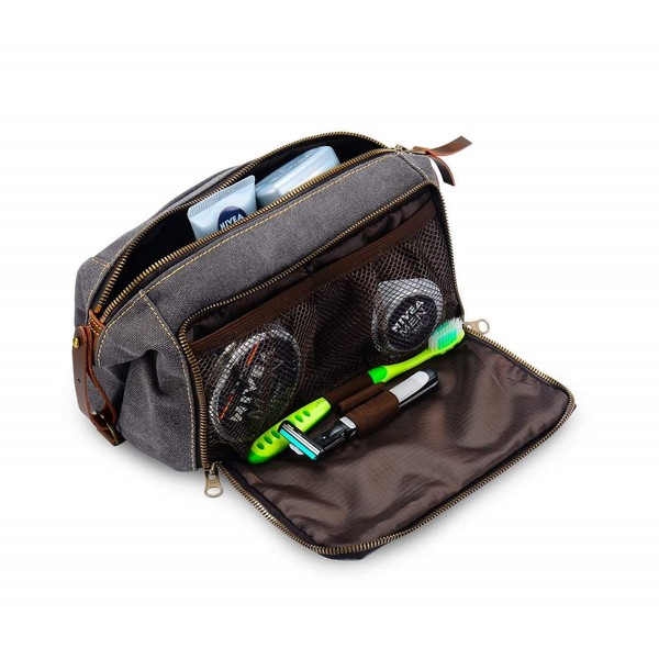 DOPP Kit Toiletry Travel Bag for Men and Women YKK Zipper Canvas & Leather. (Medium, Grey)