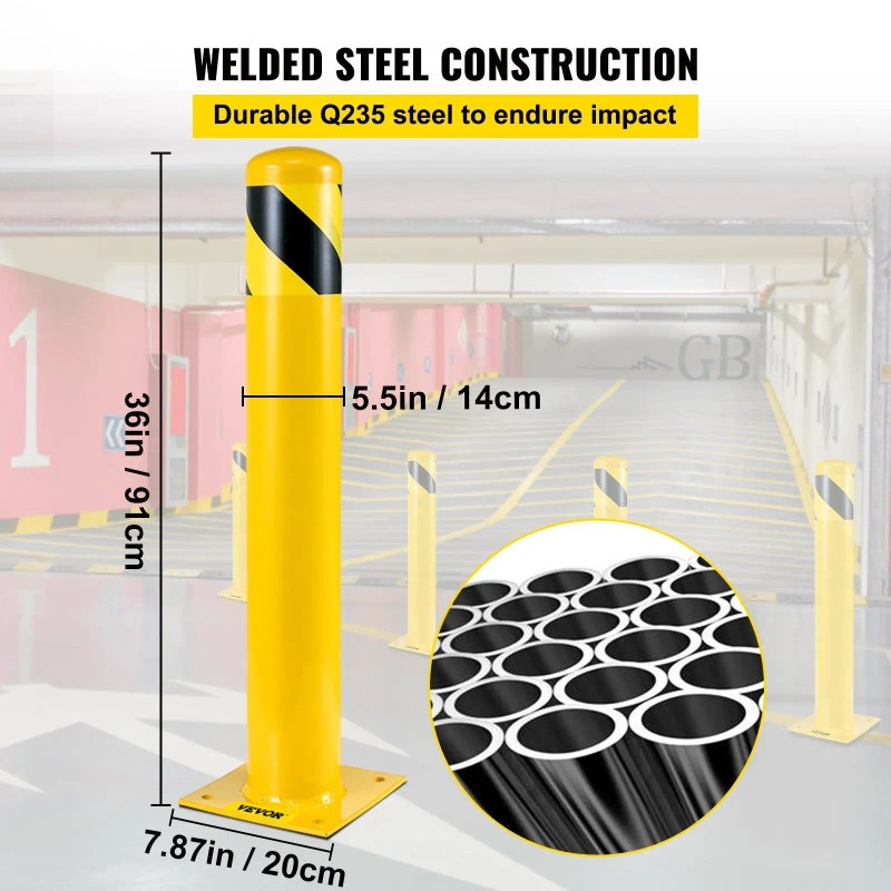 Safety Bollard 36-Inch Height 5.5-Inch Diameter Yellow Metal Traffic Barrier