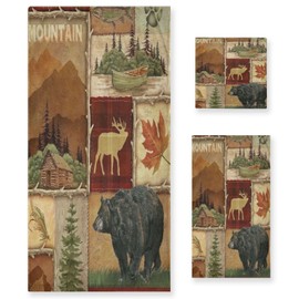 AIYOOLER Rustic Bear Bath Towels Set,Lodge Wood Moose Deer 3 Piece Towel Set(1 Luxury Bath Towel 1 Hand Towel 1 Washcloth) Super Soft Absorbent Bathroom Towels Decorative Kitchen Shower Towel,Brown