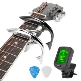 Gugxiom 2PCS Shark Guitar Capo, Zinc Alloy Guitar Capo, with Picks Musical Instrument Accessories,Guitar Capo Tuning Set for Acoustic and Electric Guitar (Black+Silver)
