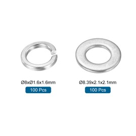 sourcing map 200Pcs M8 304 Stainless Steel Split Lock Washer and Flat Washer Kit for Screw Bolts Machinery