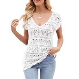HEHULL Beach Cover Ups for Women Crochet Hollow Out V Neck Cute Summer Tops Casual Cap Short Sleeve Sweater Vest Knit Shirts White