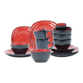 Semtember Promotion Royal Red and Black Tow Tone Color Glaze Housewares Can Be Customized Color Box Stoneware Dinnerware Setcolor: 16pcs dinner set Red