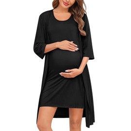 SWOMOG Women Maternity Nursing Gown and 3/4 Sleeve Robe Set Labor Delivery Nightgown Breastfeeding Hospital Bathrobe, Black Medium