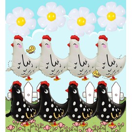12 PCS Walking Chicken Balloons, Aluminum Foil Chicken Party Decorations White and Black Chicken Walking Balloons for Birthday Baby Shower Farm Animal Theme Party