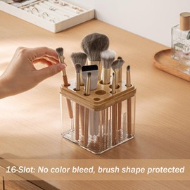 MORNITE Clear Makeup Brush Organizer with Lid, Freestanding 16-Slot Display Case Container Storage for Eyeliners, Lip Liners, Pencils Vanity or Bathroom Countertop Storage