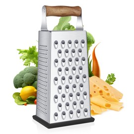 YC Kitchen Cheese Grater, Wooden Handle, Stainless Steel Grater, Manual Cheese Grater, Vegetable Grater, 4 Sides Square Grater and Kitchen Grater, Practical Gadgets
