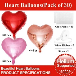 30 Pcs Red Pink Golden Heart Balloons, 18 Inches Mylar Foil Heart Shaped Balloons, Valentines Day Balloons Helium Supported for Valentine's Day Wedding Anniversary Engagement Mother's Day Decoration
