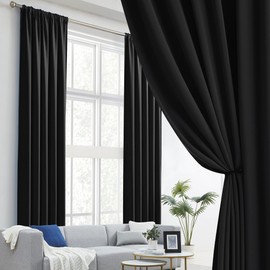 DUALIFE 2 Pcs Blackout Extra Long Black Curtains/Drapes 132 Inch Length,Thermal Insulated Black Draperies for Loft,(Black, 2 Panels,52" W x 132''L)