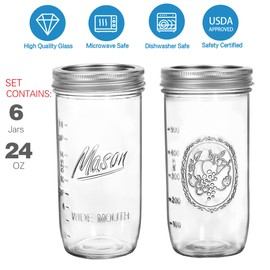 24 oz Wide Mouth Mason Jars - Canning Jars with Metal Airtight Lids and Bands, 24 ounce Mason Glass Jars for Fermenting, Pickling, Meal Prep, Overnight Oats, Jam, Jelly, DIY Projects (6 pack)
