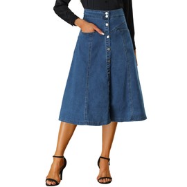 Allegra K Womens' Jean Stretchy High Waist Buttons Front A-Line Flowy Denim Midi Skirts with Pocket Blue M
