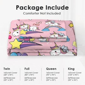 Lindo juego de ropa de cama de unicornio, juego de edredón con temática de arcoíris, decoración de recámara, funda de edredón suave para cama individual, matrimonial, tamaño Queen King con 2 fundas de
