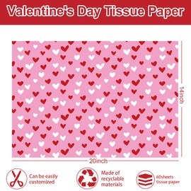 JarThenaAMCS 60 Sheets Valentine's Day Tissue Paper Pink Red White Love Heart Gift Wrapping Paper Decorative Art Paper for Bridal Shower Wedding Party DIY Crafts, 14 x 20 Inch