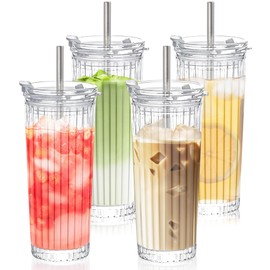 Icesip 18 oz Ribbed Glass Tumbler with Straws and Lids 4 Pack Glassware Set Thickened Glass For Matcha Iced Coffee Juice Cocktails Drinking Glasses Tumbler