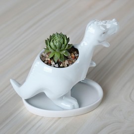 Eabdice Dinosaur Shaped Flower Pot, Ceramic, Handmade Ceramic Flower Pot, Dinosaur Flower Pot, for Balconies, Gardens, Bookshelves, Flower Stand (White)