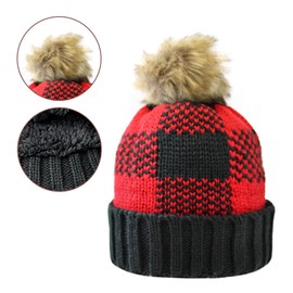 BNCO Apparel Winter Beanie Hat with Faux Fur Pompom & Inner Plush Lining Black/Red
