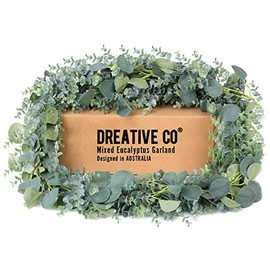 DREATIVE CO Mixed 6.5ft Artificial Eucalyptus Garland Greenery Leaves Wedding Decor Faux Green Vines Eucalyptus Garland Shower Decor Greenery Garland Vine Table Runner Green Floral Leaf Fake Boxwood