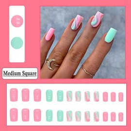 BAOYAALIN Press on Nails Medium Square Pink Fashion Fake Nails with Simple Waves Design Full Cover Press ons Artificial Acrylic False Stick on Nail for Women Girls Daily Wear Wedding Manicure 24Pcs