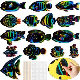 Liliful 60 Pcs Tropical Fish Scratch Cards Ocean Scratch Crafts for Kids Scratch with Wooden Pen Under The Sea Party Favors for DIY Crafts Home Decoration Project Rainbow Arts, 15 Styles